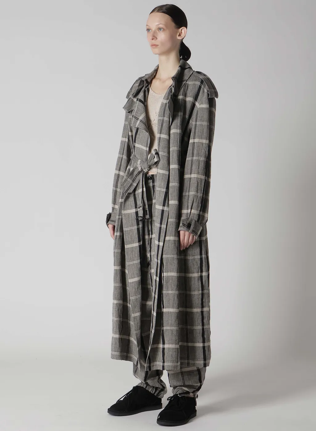 Linen/Nylon Plaid Trench Coat
