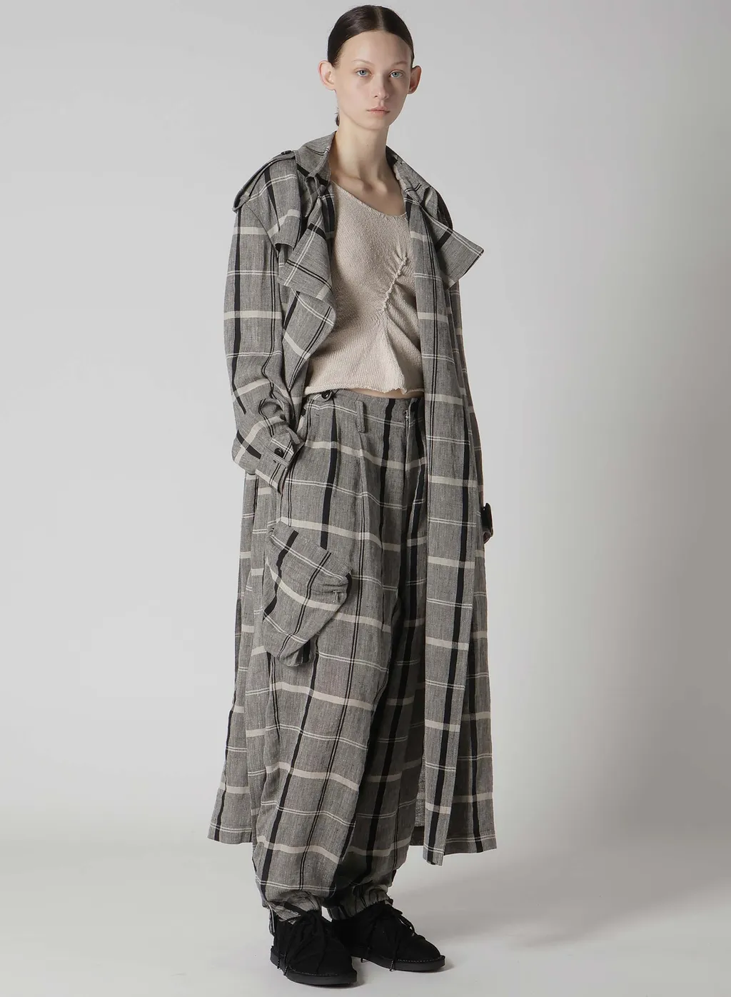Linen/Nylon Plaid Trench Coat