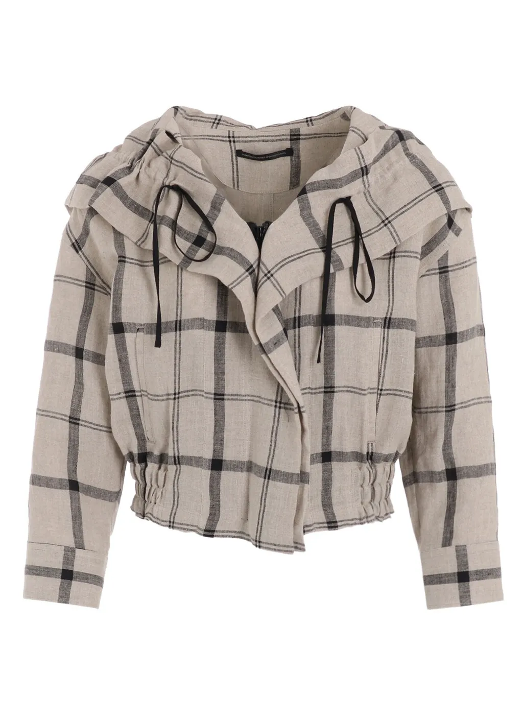Linen/Nylon Plaid Gathered Blouse
