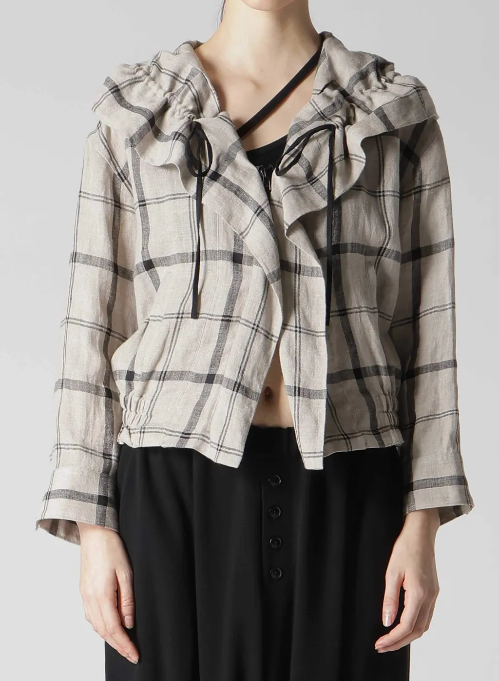 Linen/Nylon Plaid Gathered Blouse