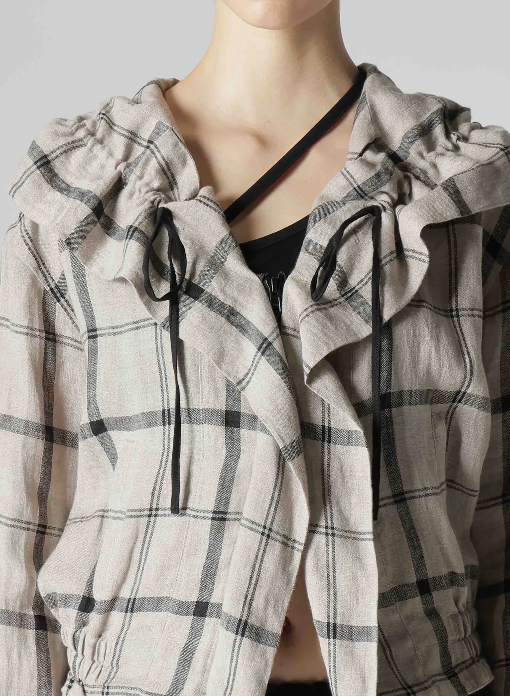 Linen/Nylon Plaid Gathered Blouse