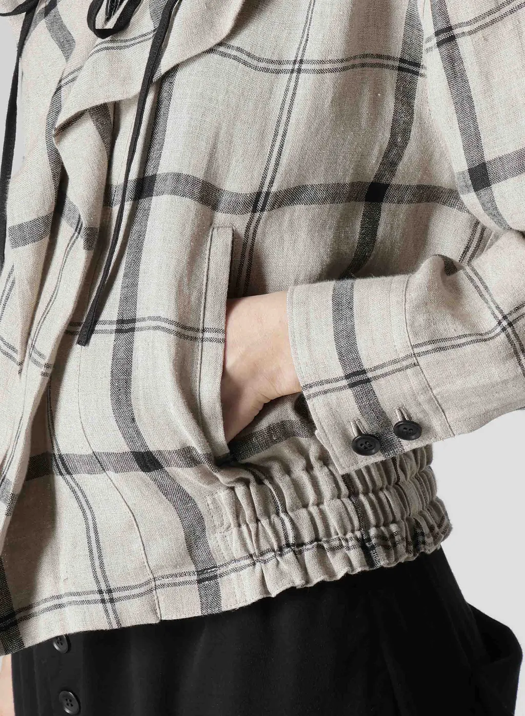 Linen/Nylon Plaid Gathered Blouse
