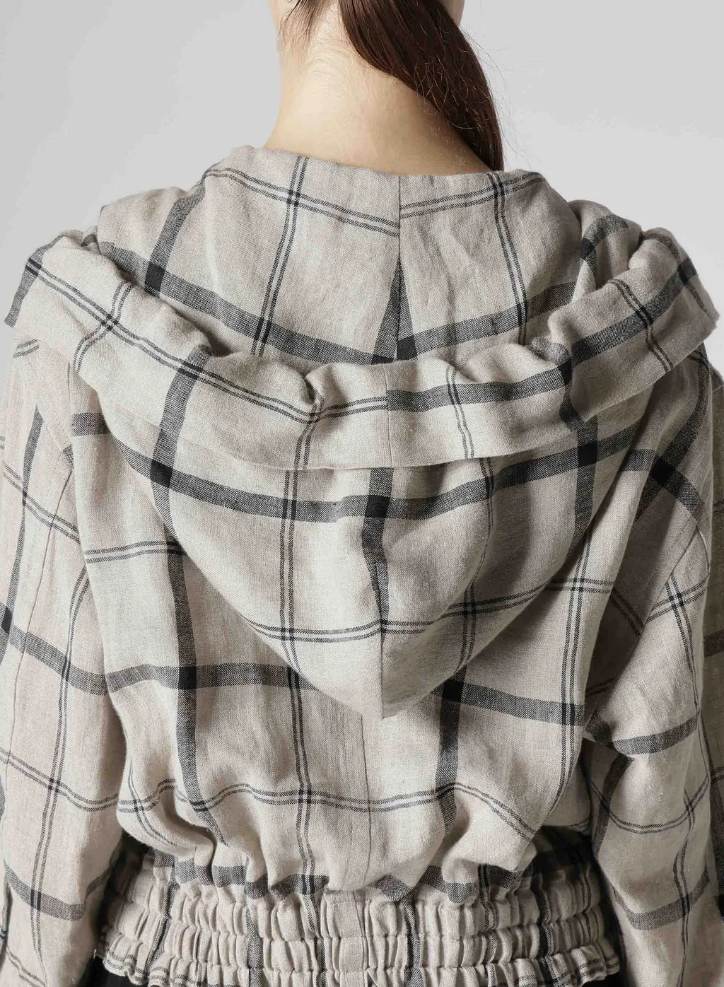 Linen/Nylon Plaid Gathered Blouse