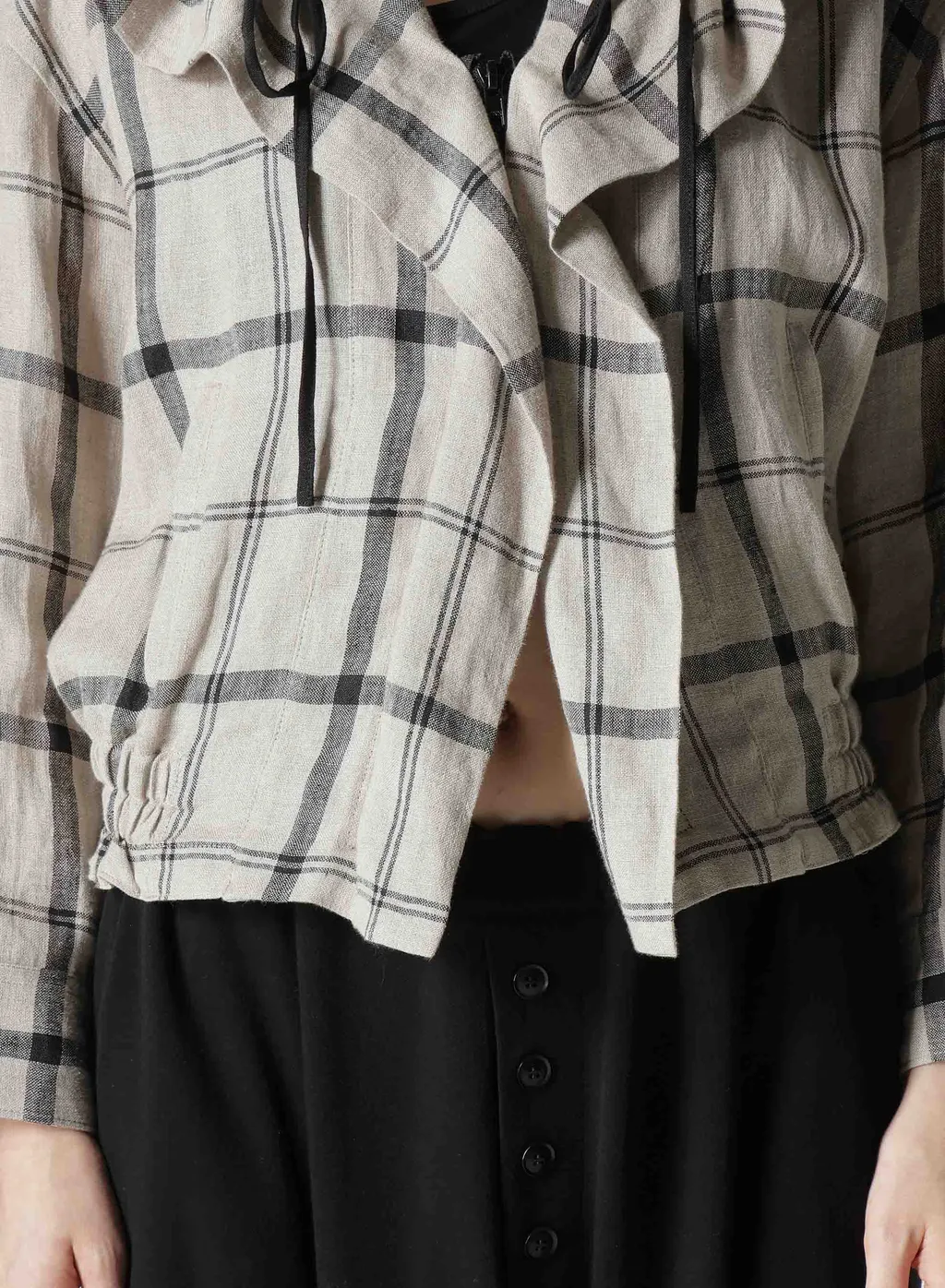 Linen/Nylon Plaid Gathered Blouse