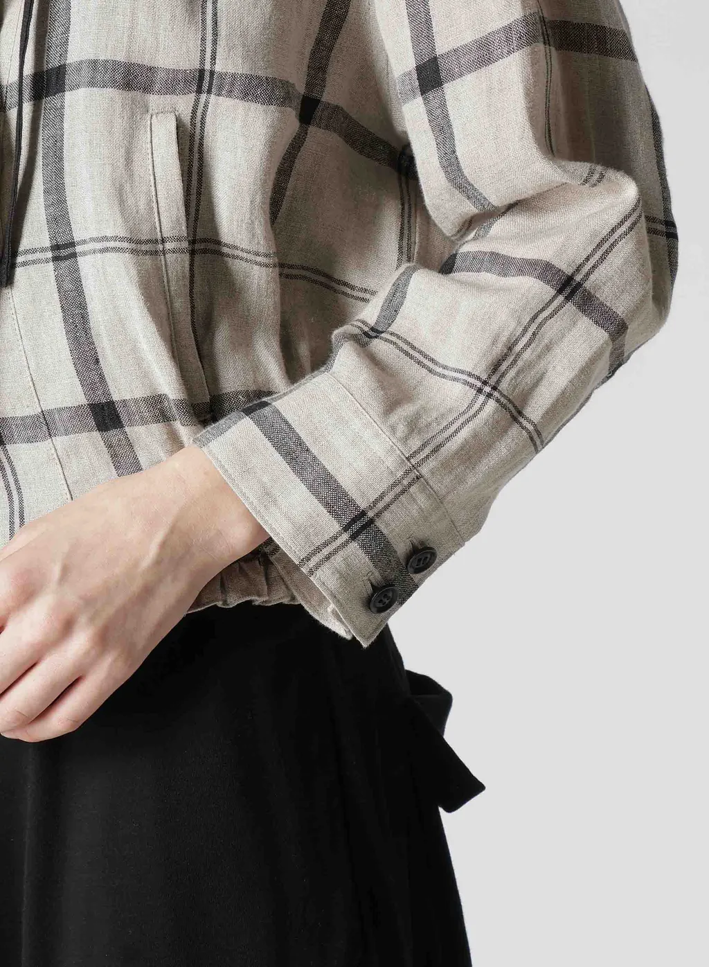 Linen/Nylon Plaid Gathered Blouse
