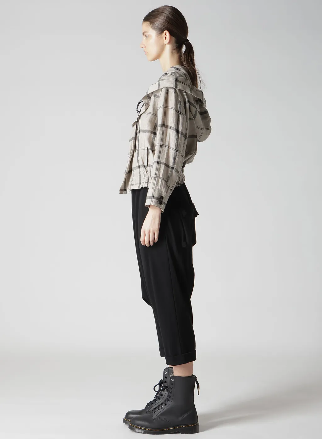 Linen/Nylon Plaid Gathered Blouse