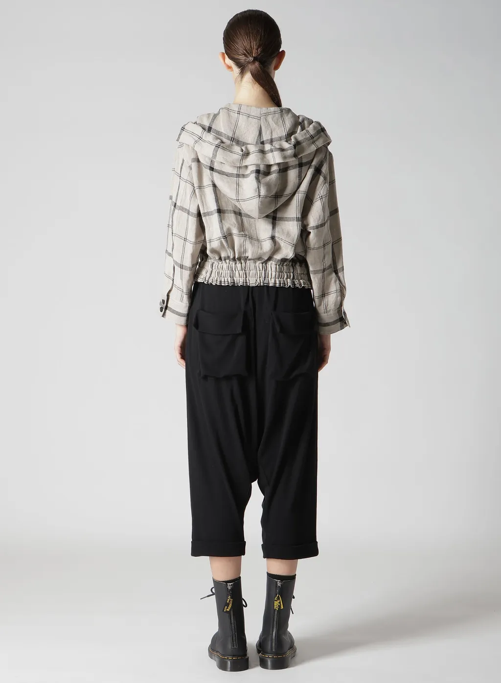 Linen/Nylon Plaid Gathered Blouse