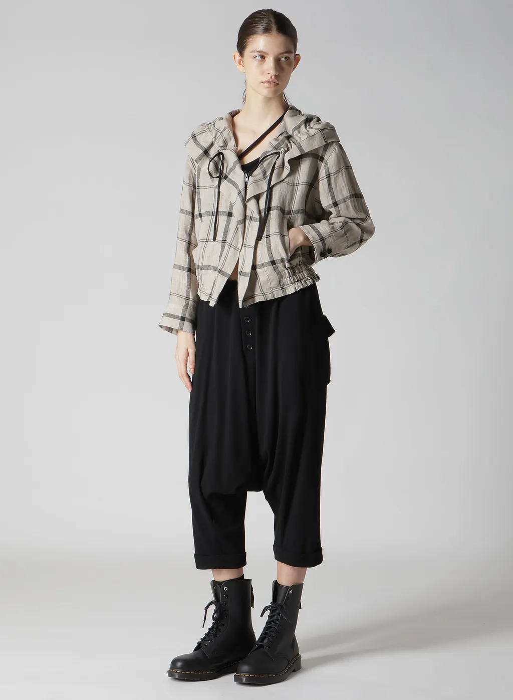 Linen/Nylon Plaid Gathered Blouse