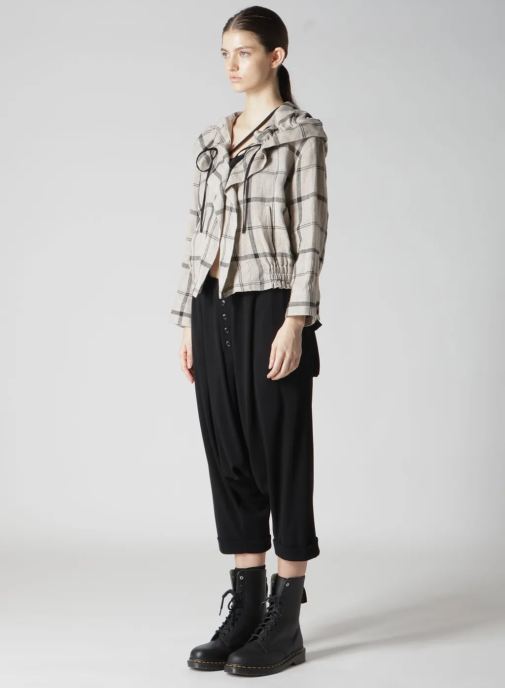 Linen/Nylon Plaid Gathered Blouse