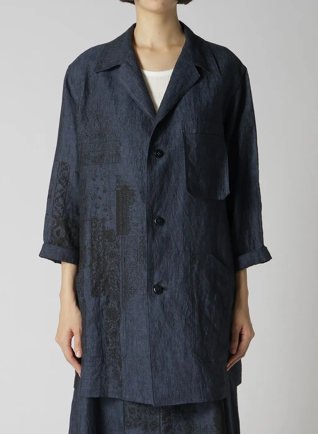 Linen Chambray Ethnic Patchwork Print 3/4 Work Jacket