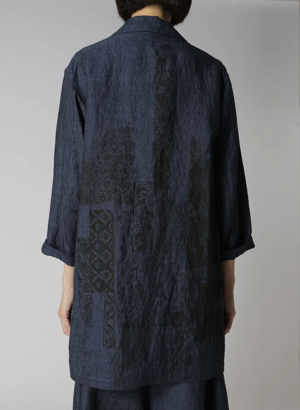 Linen Chambray Ethnic Patchwork Print 3/4 Work Jacket