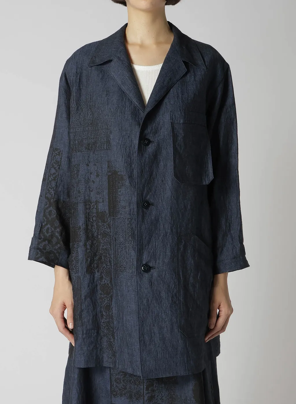 Linen Chambray Ethnic Patchwork Print 3/4 Work Jacket
