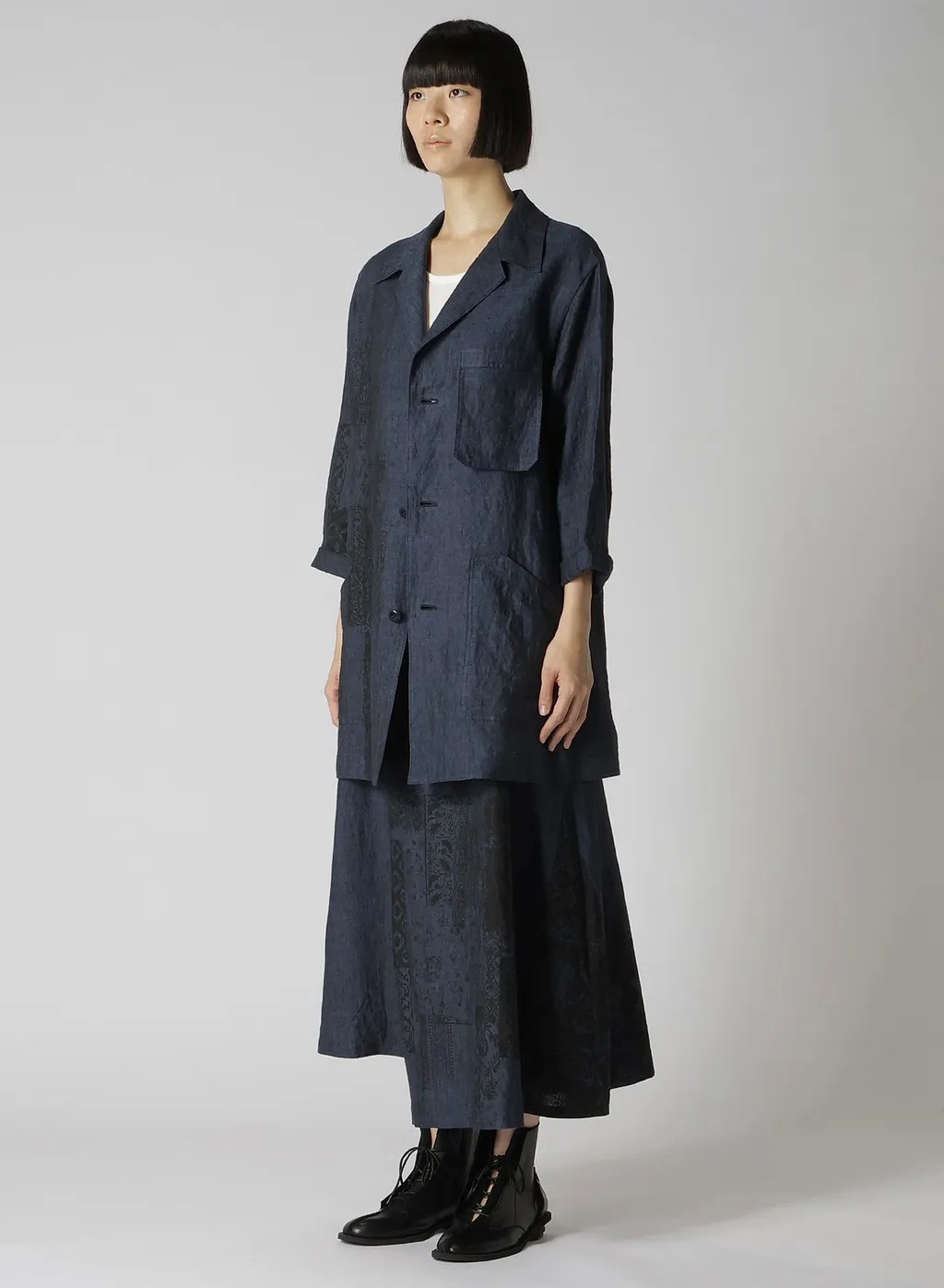 Linen Chambray Ethnic Patchwork Print 3/4 Work Jacket