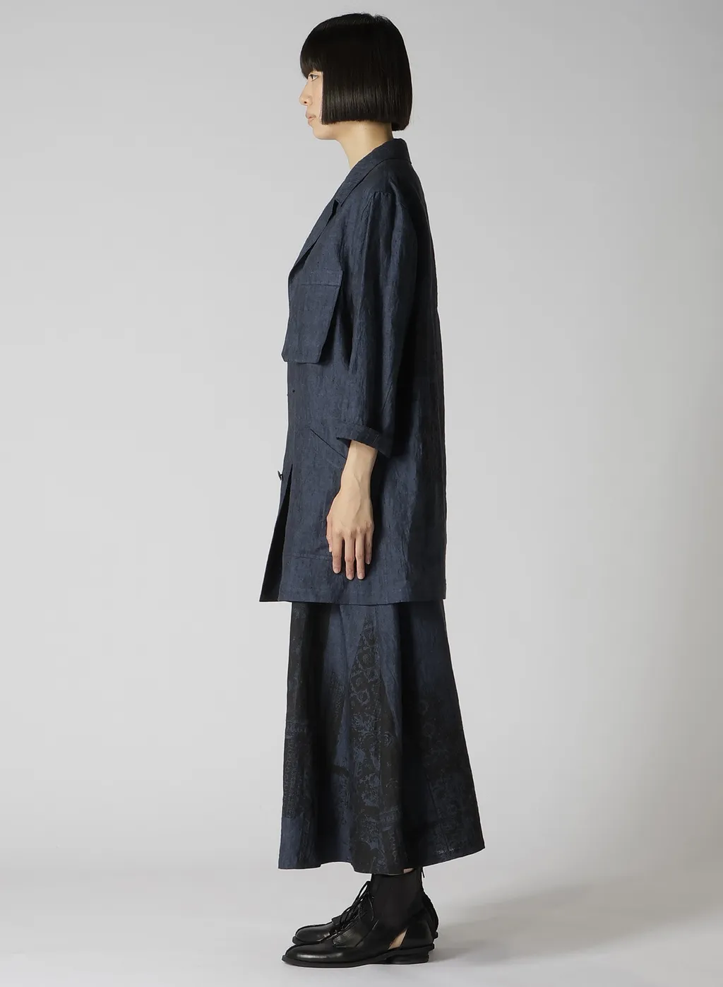 Linen Chambray Ethnic Patchwork Print 3/4 Work Jacket