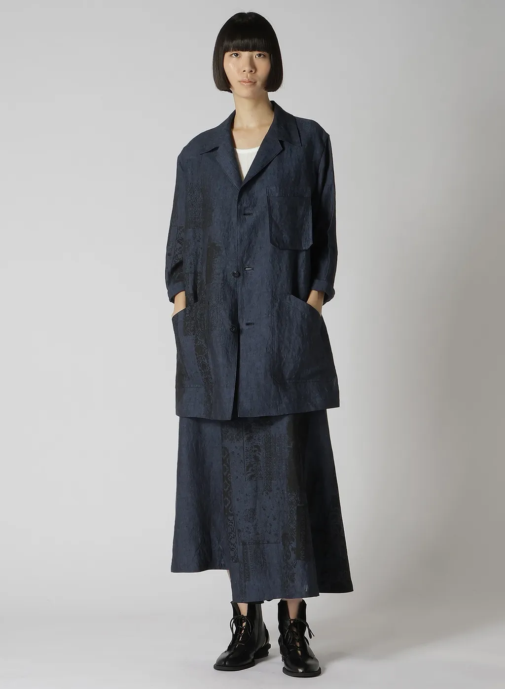 Linen Chambray Ethnic Patchwork Print 3/4 Work Jacket
