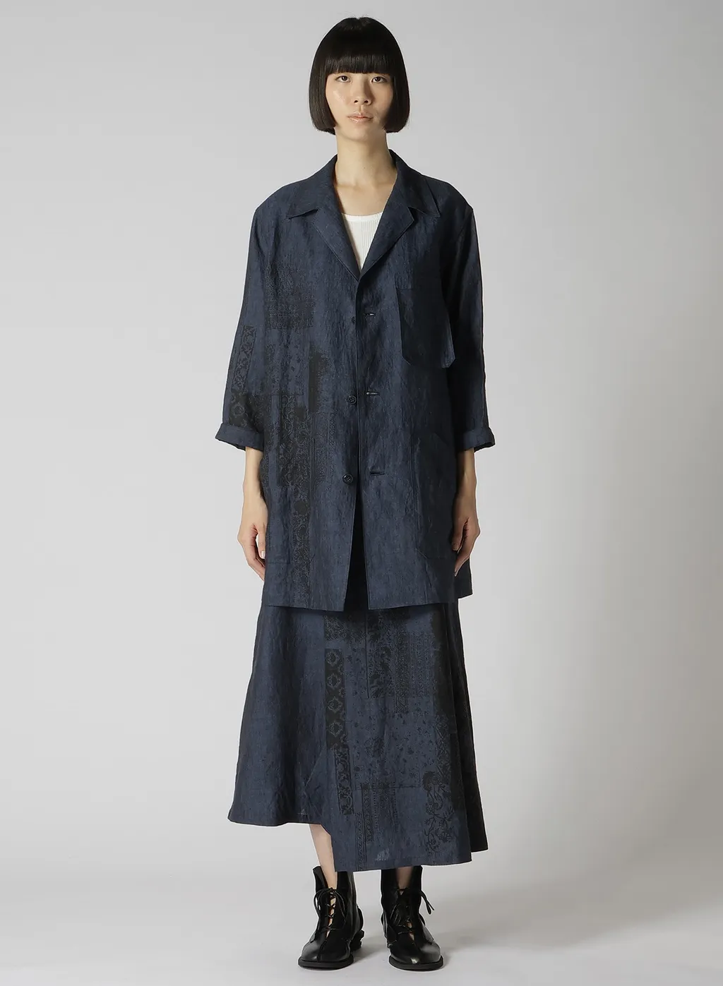 Linen Chambray Ethnic Patchwork Print 3/4 Work Jacket
