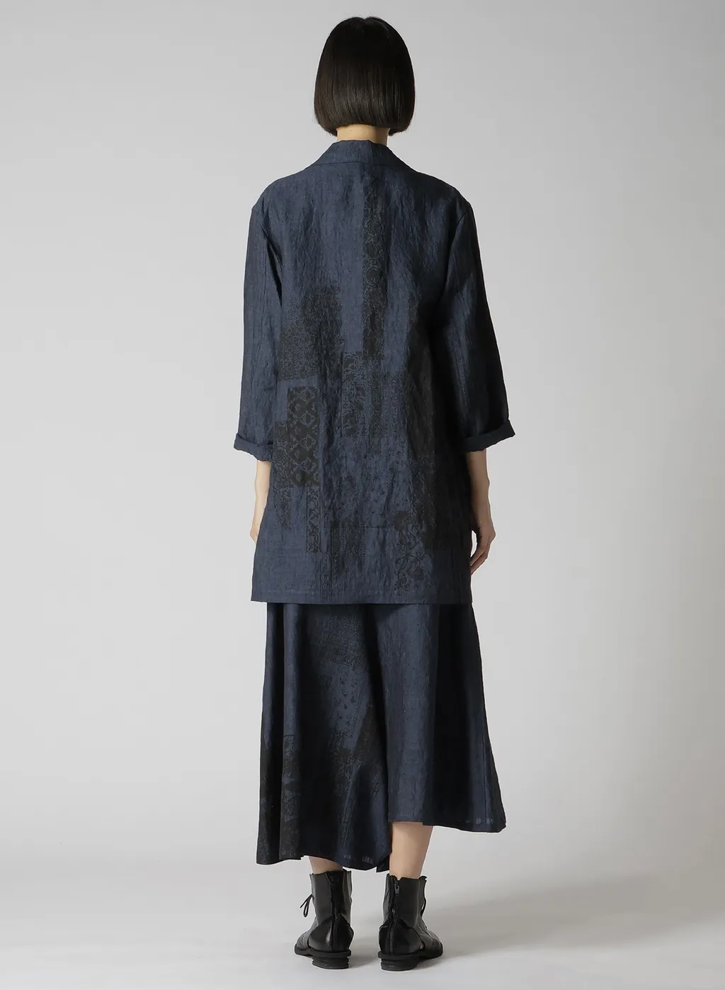 Linen Chambray Ethnic Patchwork Print 3/4 Work Jacket