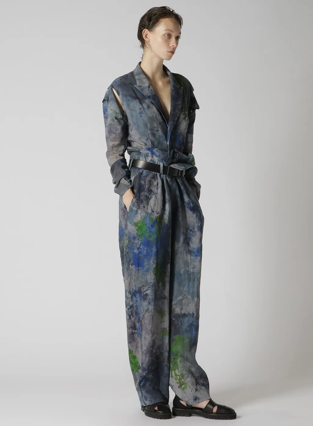 Linen Lawn Paint Print High Waist Pleated Pants