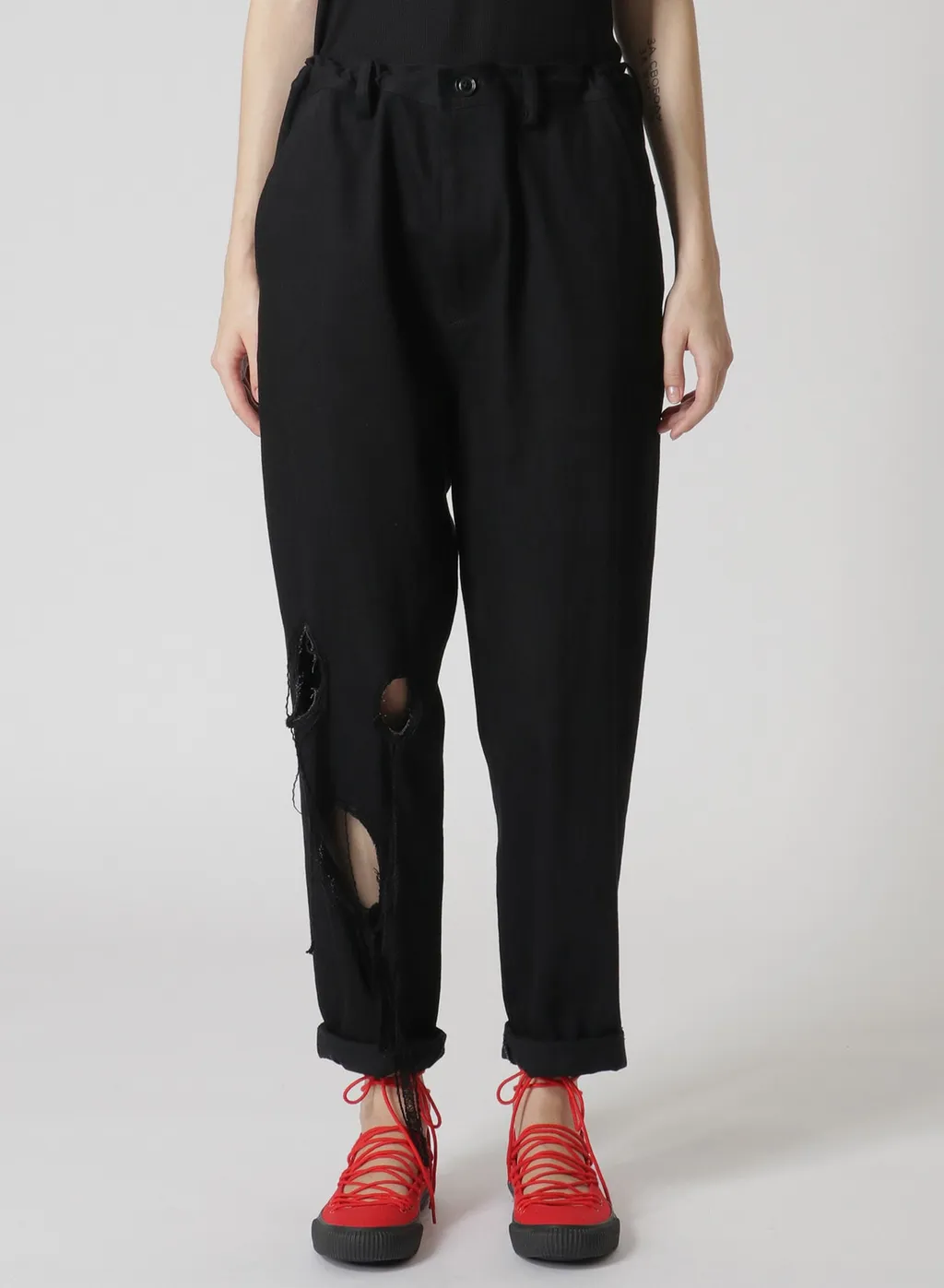 Denim Hole Embroidery Waist String Slim Pants