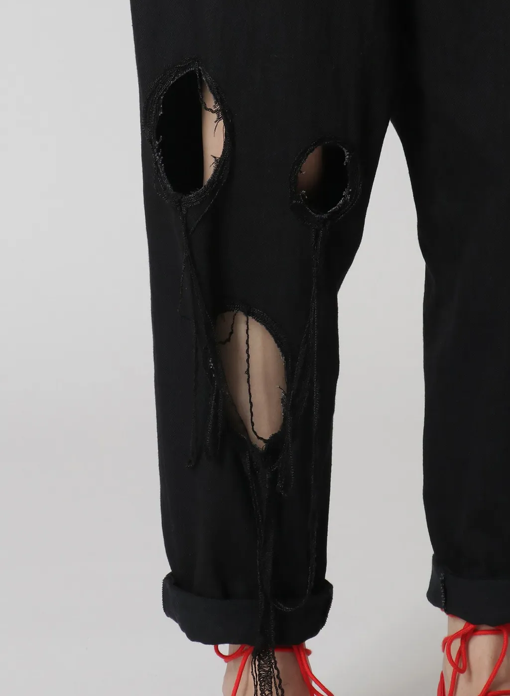 Denim Hole Embroidery Waist String Slim Pants