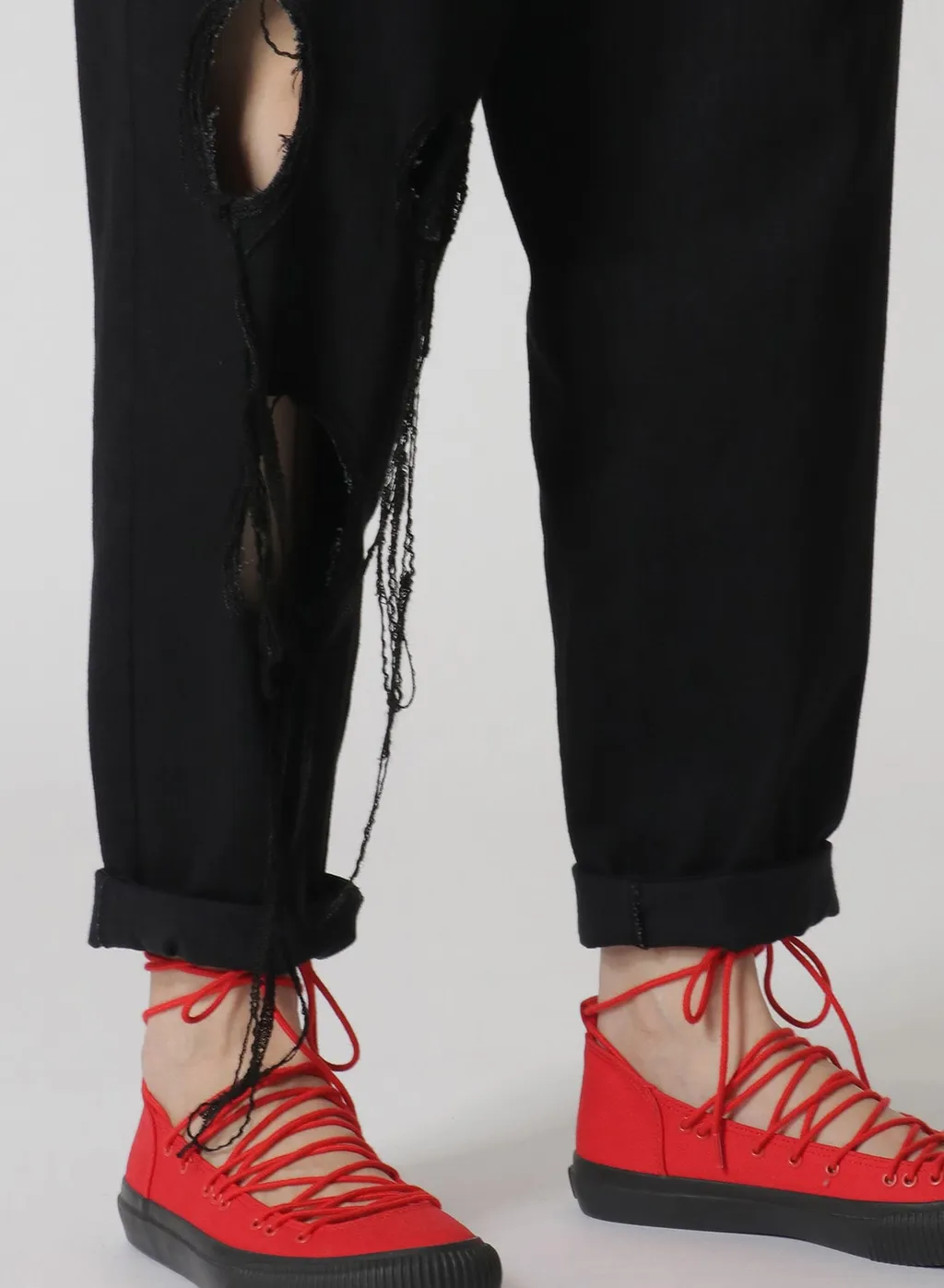 Denim Hole Embroidery Waist String Slim Pants