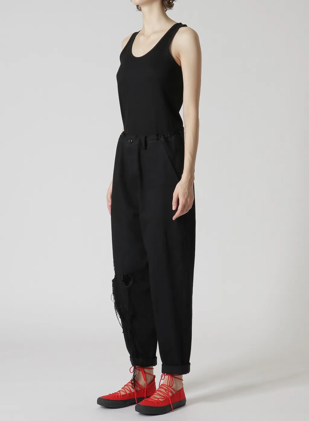 Denim Hole Embroidery Waist String Slim Pants
