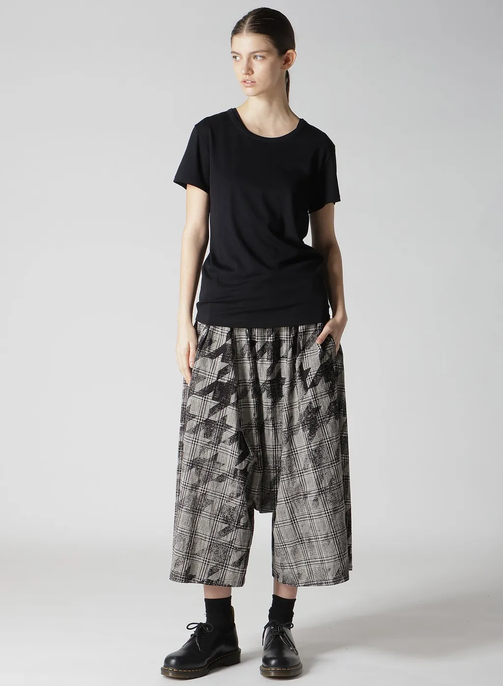 Cotton/Linen Plaid×Big Houndstooth Gathered Pants