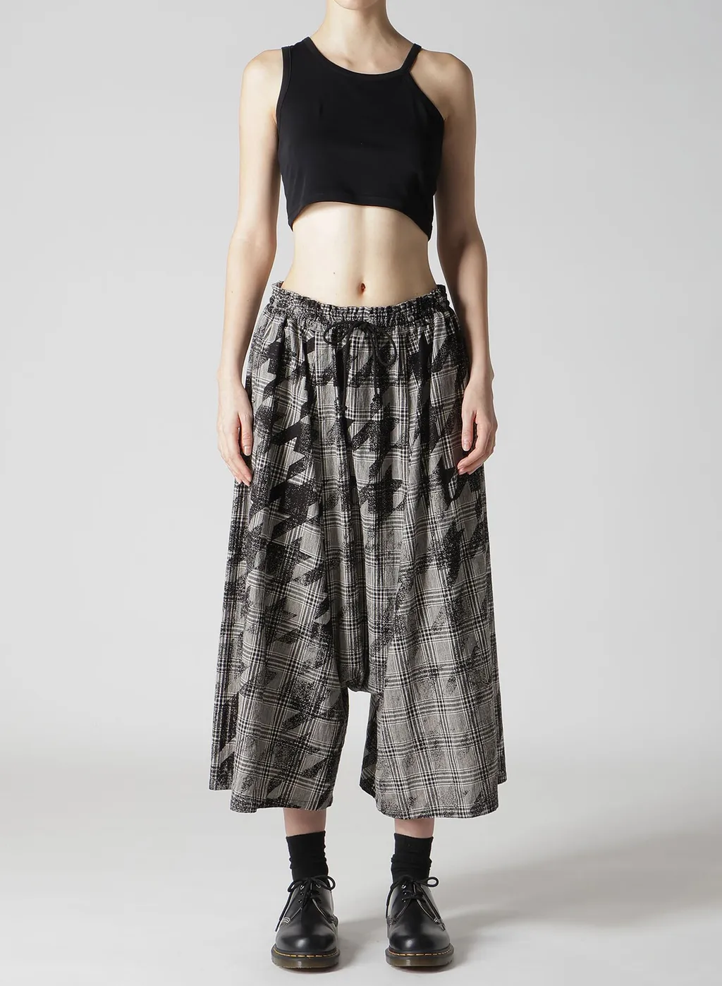 Cotton/Linen Plaid×Big Houndstooth Gathered Pants