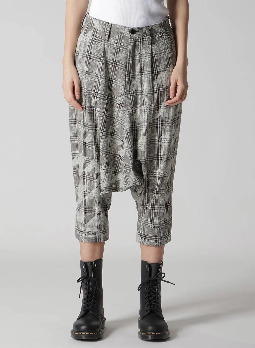 Cotton/Linen Plaid×Big Houndstooth Cuffed Hem Sarrouel Pants