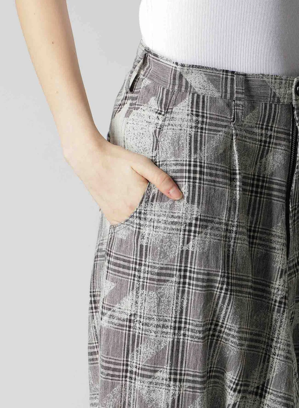 Cotton/Linen Plaid×Big Houndstooth Cuffed Hem Sarrouel Pants