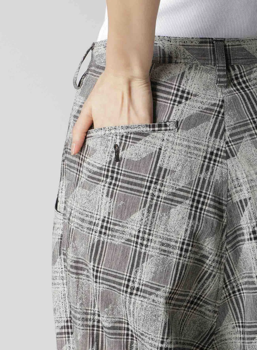 Cotton/Linen Plaid×Big Houndstooth Cuffed Hem Sarrouel Pants