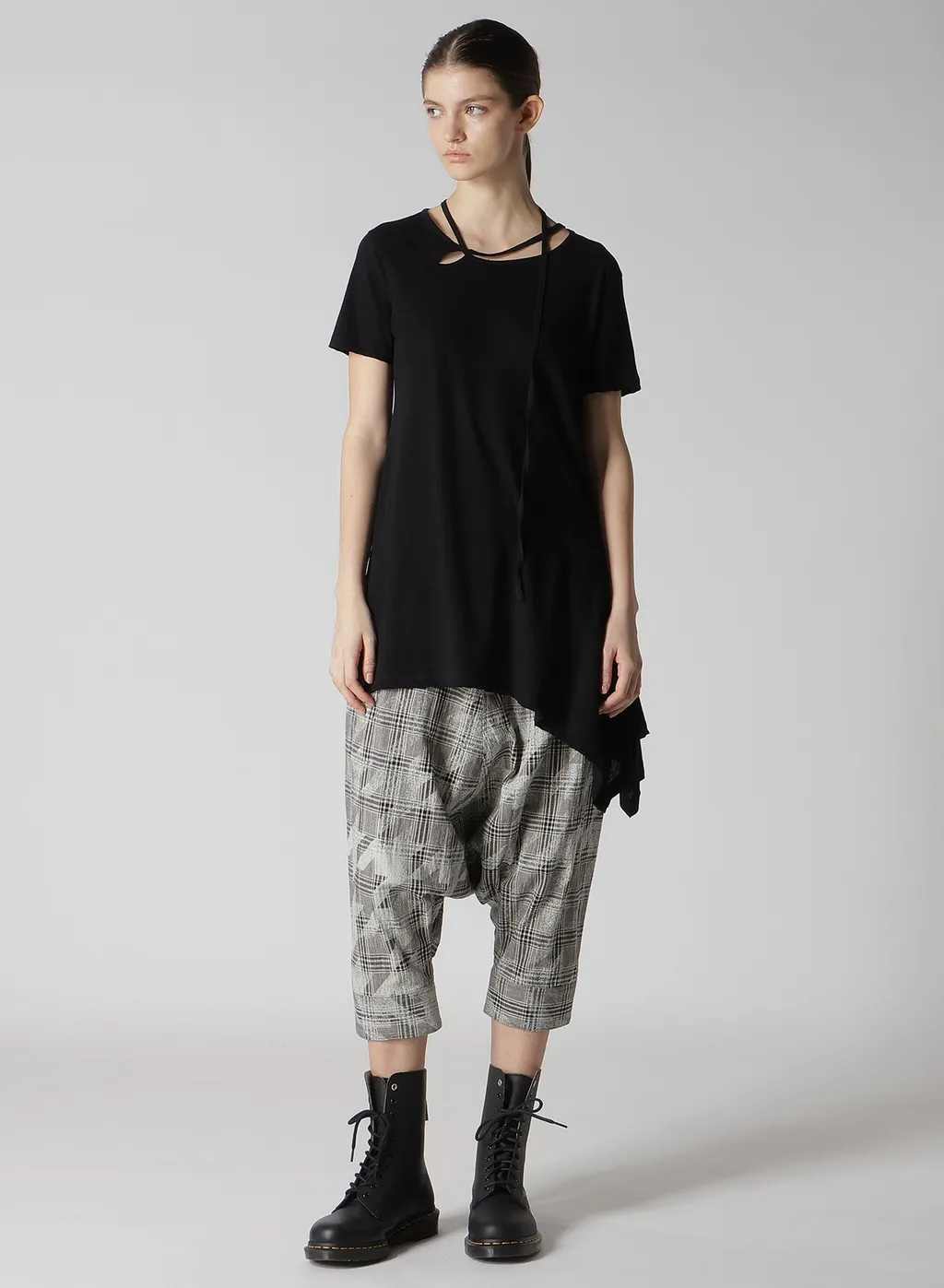 Cotton/Linen Plaid×Big Houndstooth Cuffed Hem Sarrouel Pants