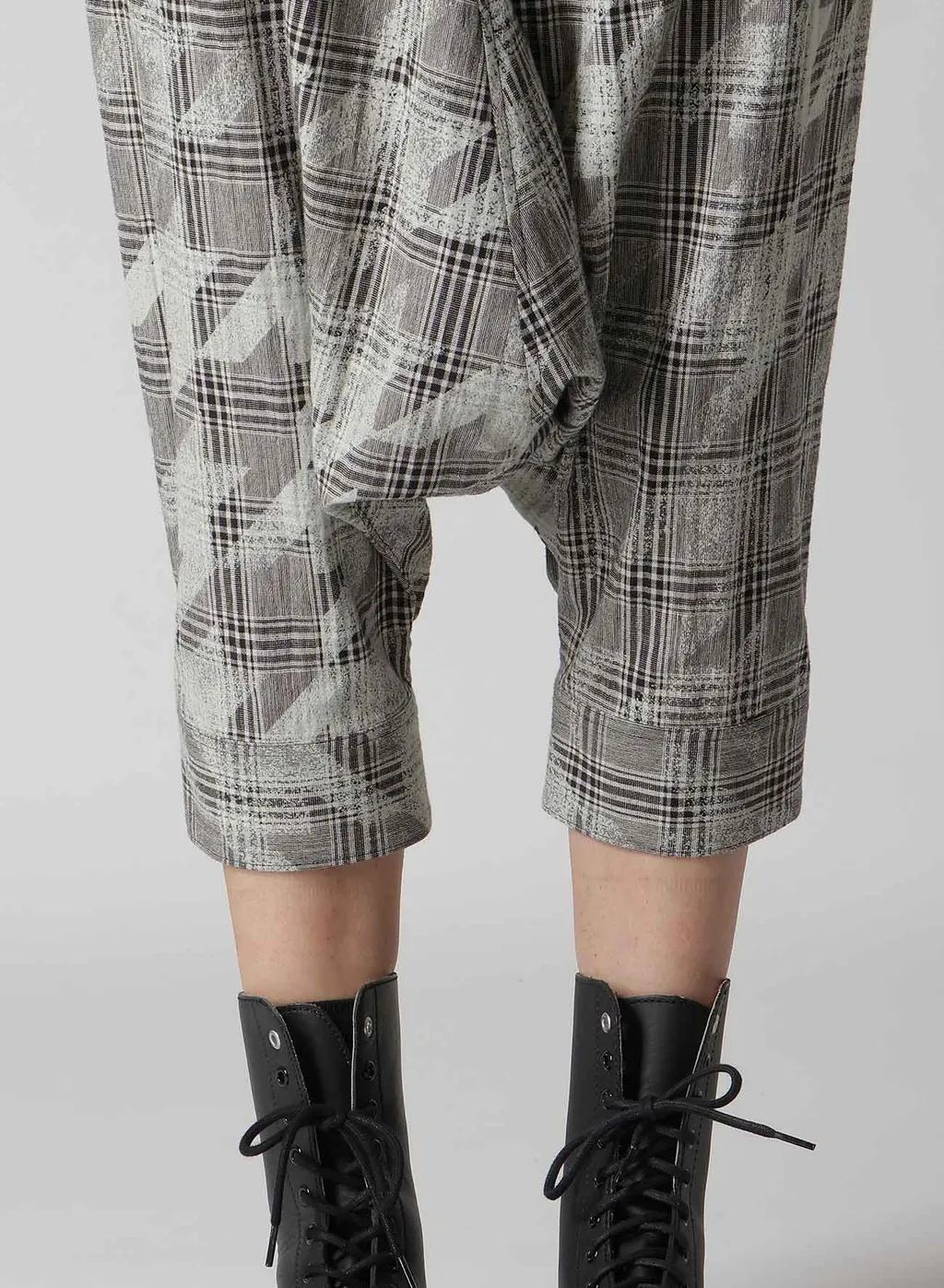 Cotton/Linen Plaid×Big Houndstooth Cuffed Hem Sarrouel Pants
