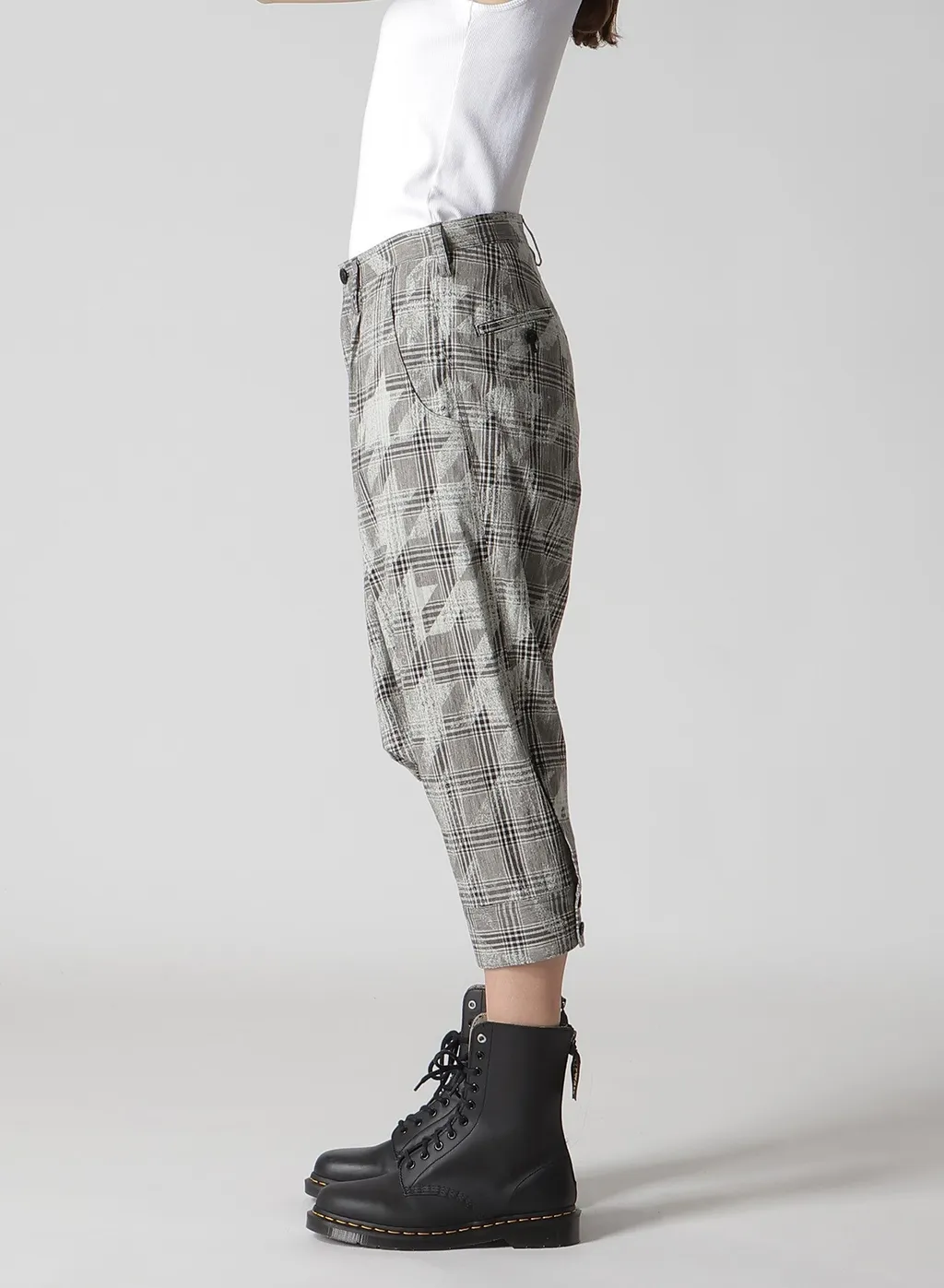 Cotton/Linen Plaid×Big Houndstooth Cuffed Hem Sarrouel Pants