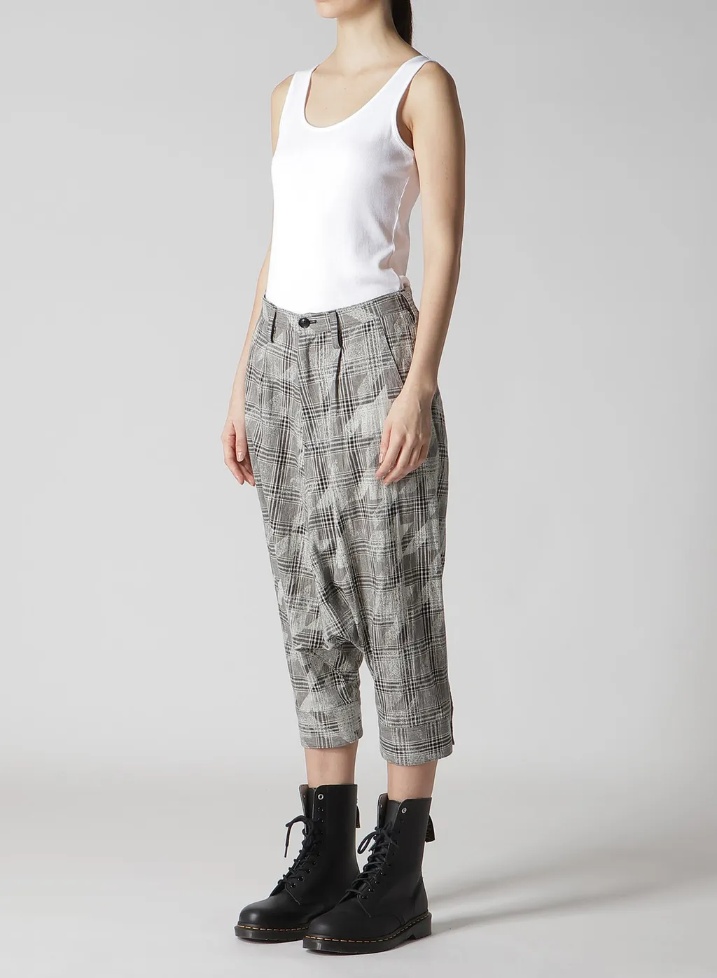 Cotton/Linen Plaid×Big Houndstooth Cuffed Hem Sarrouel Pants