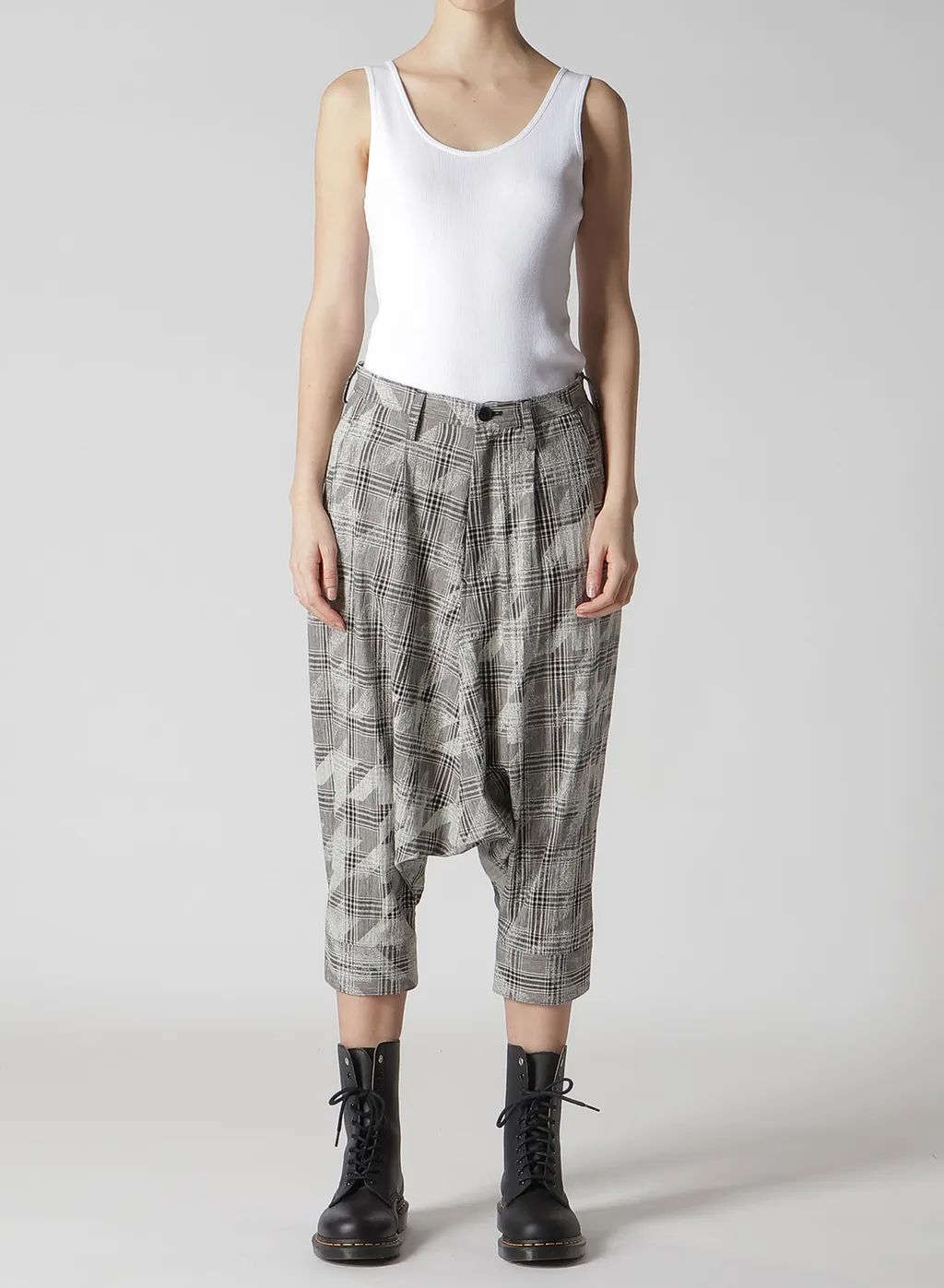 Cotton/Linen Plaid×Big Houndstooth Cuffed Hem Sarrouel Pants