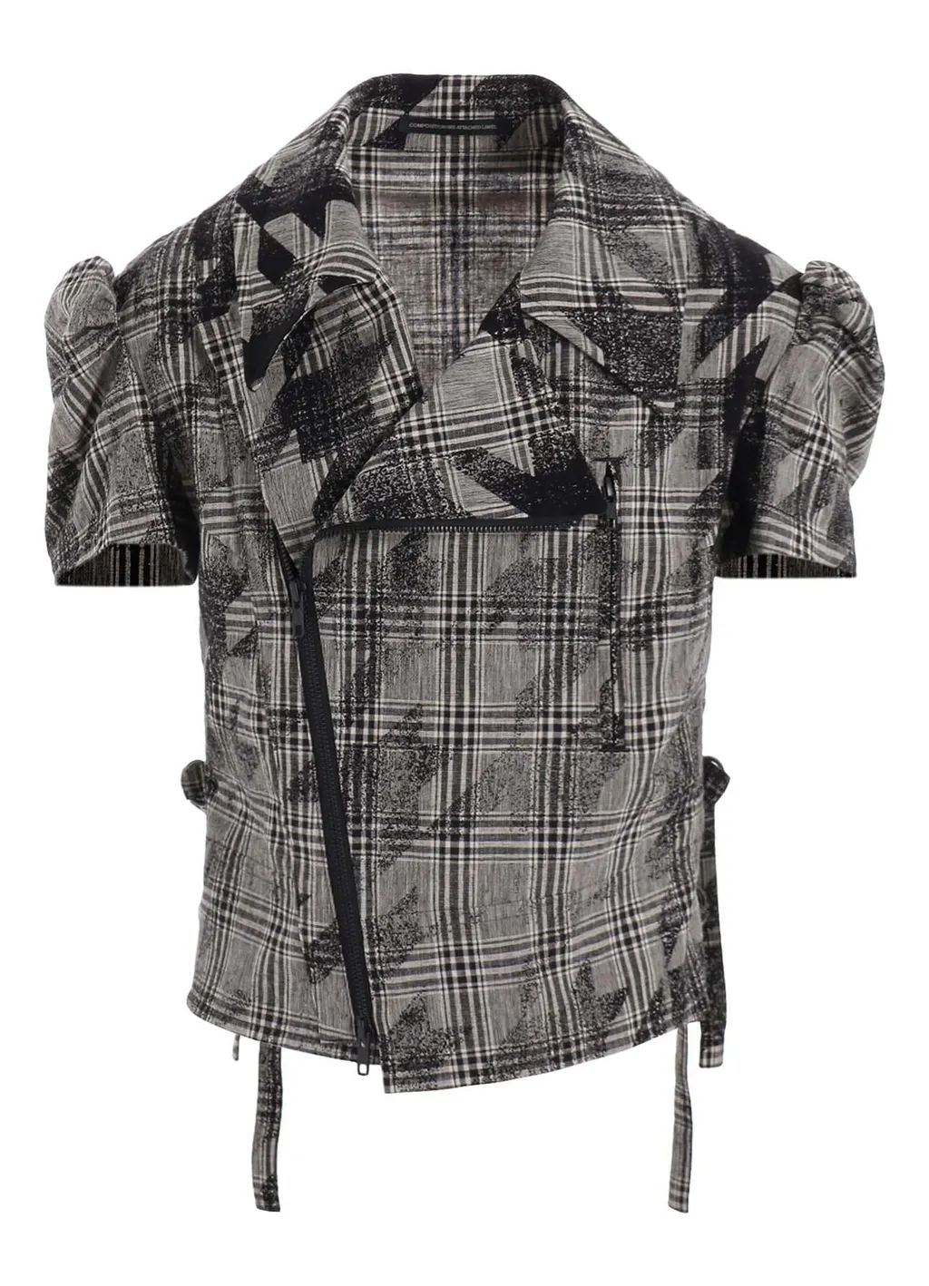 Cotton/Linen Plaid×Big Houndstooth Short Sleeve Moto Jacket