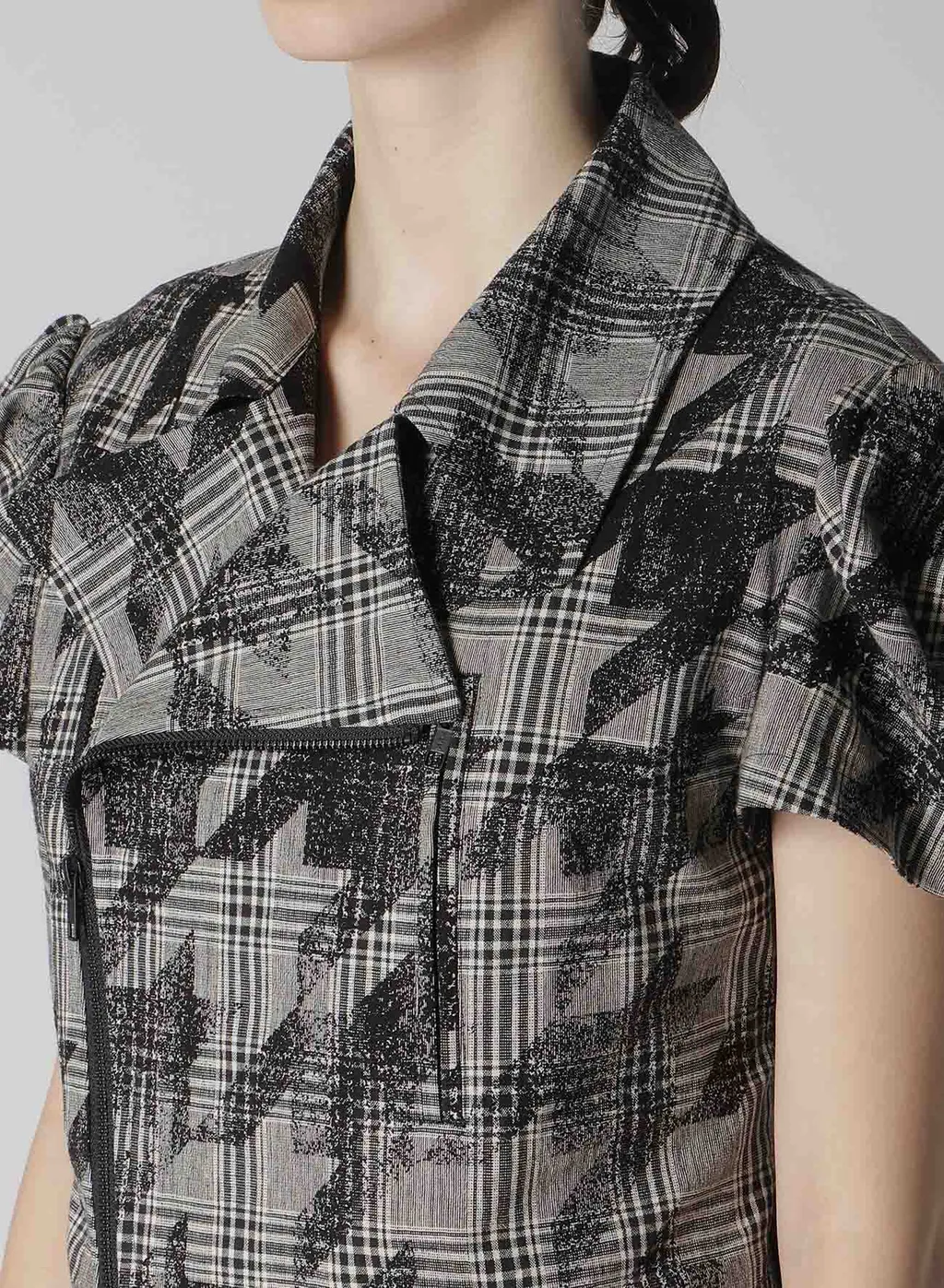 Cotton/Linen Plaid×Big Houndstooth Short Sleeve Moto Jacket