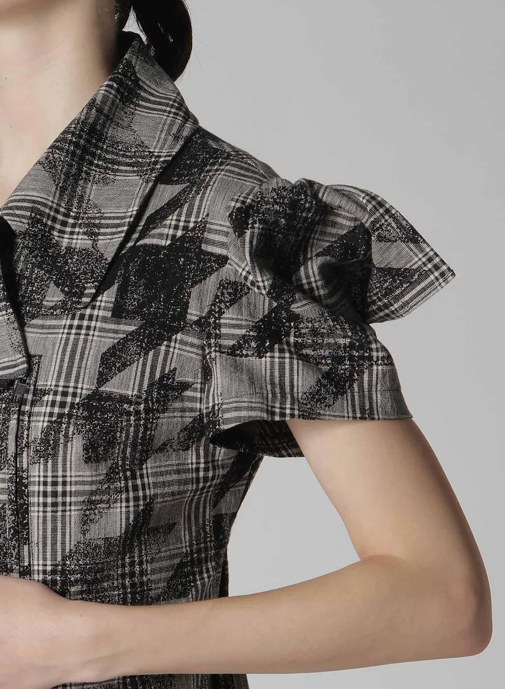 Cotton/Linen Plaid×Big Houndstooth Short Sleeve Moto Jacket