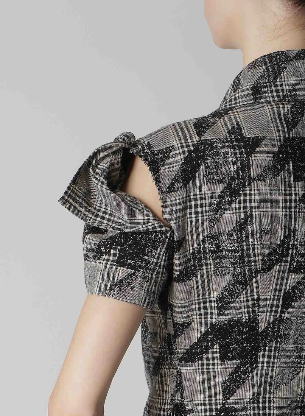 Cotton/Linen Plaid×Big Houndstooth Short Sleeve Moto Jacket