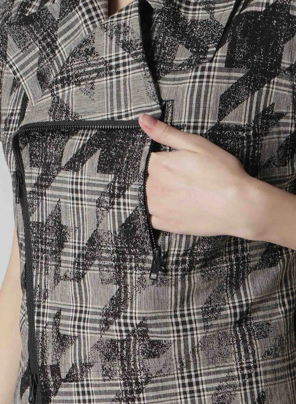 Cotton/Linen Plaid×Big Houndstooth Short Sleeve Moto Jacket