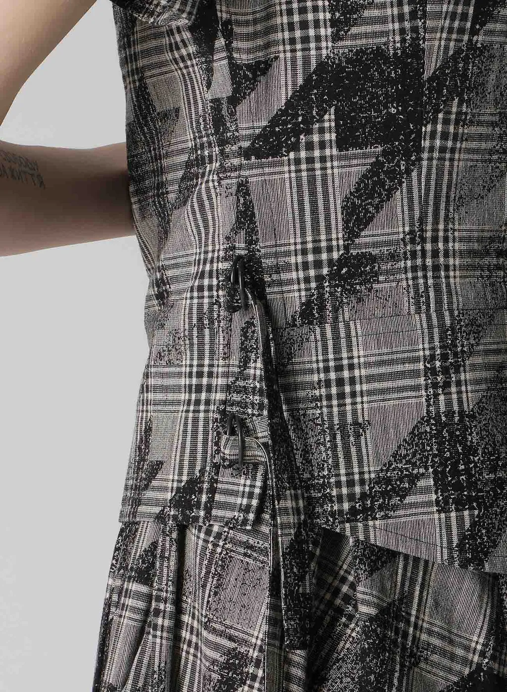 Cotton/Linen Plaid×Big Houndstooth Short Sleeve Moto Jacket