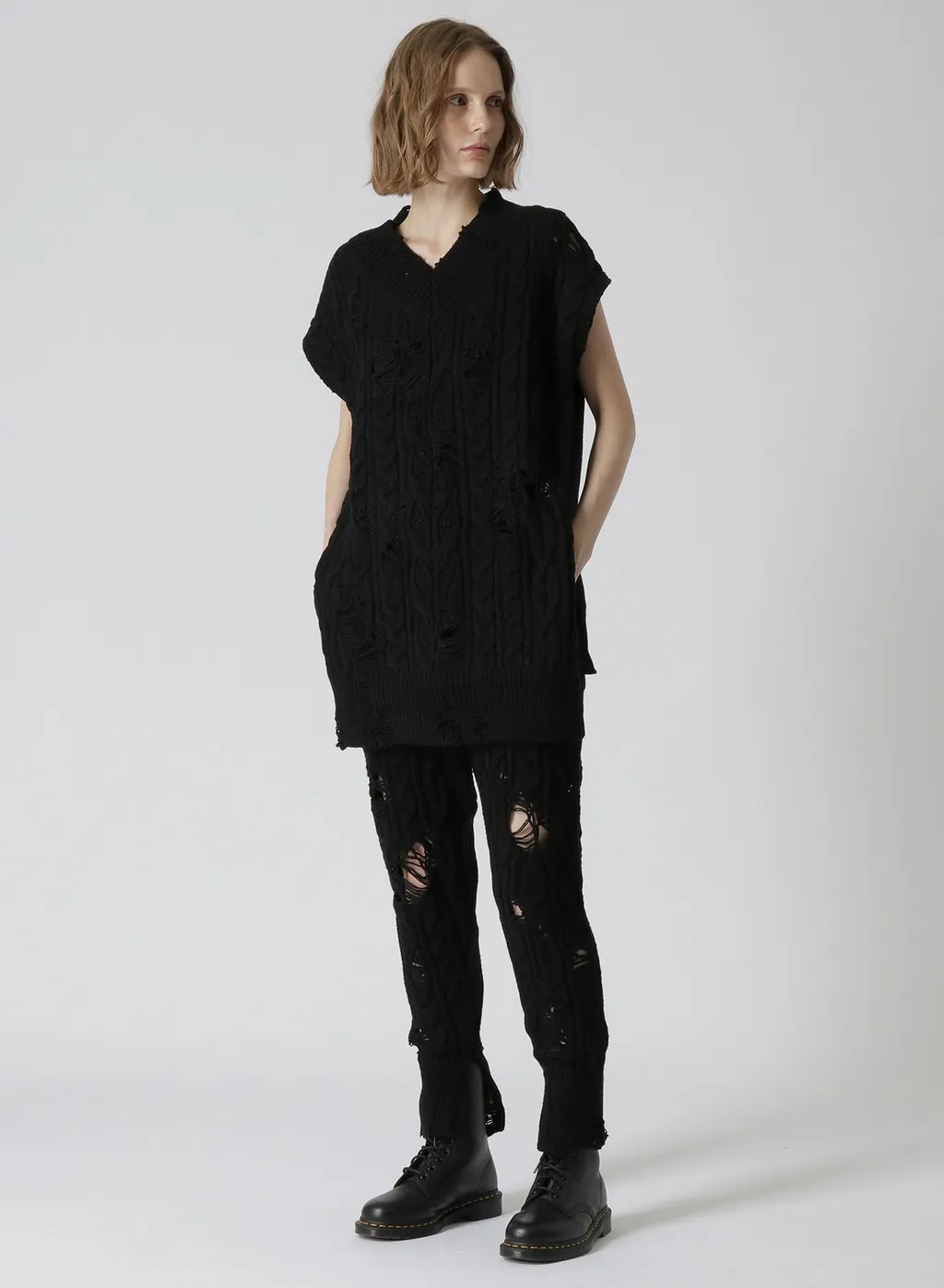 Acrylic Wool Ripped Aran Knit Rib Pants