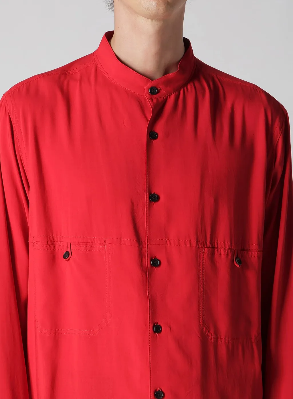 Red Rayon Lawn Chest-Paneled Stand-Collar Blouse