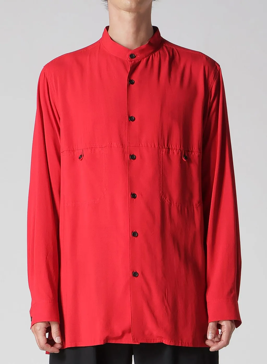 Red Rayon Lawn Chest-Paneled Stand-Collar Blouse