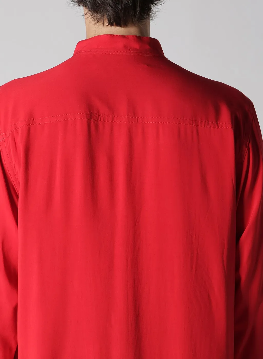 Red Rayon Lawn Chest-Paneled Stand-Collar Blouse