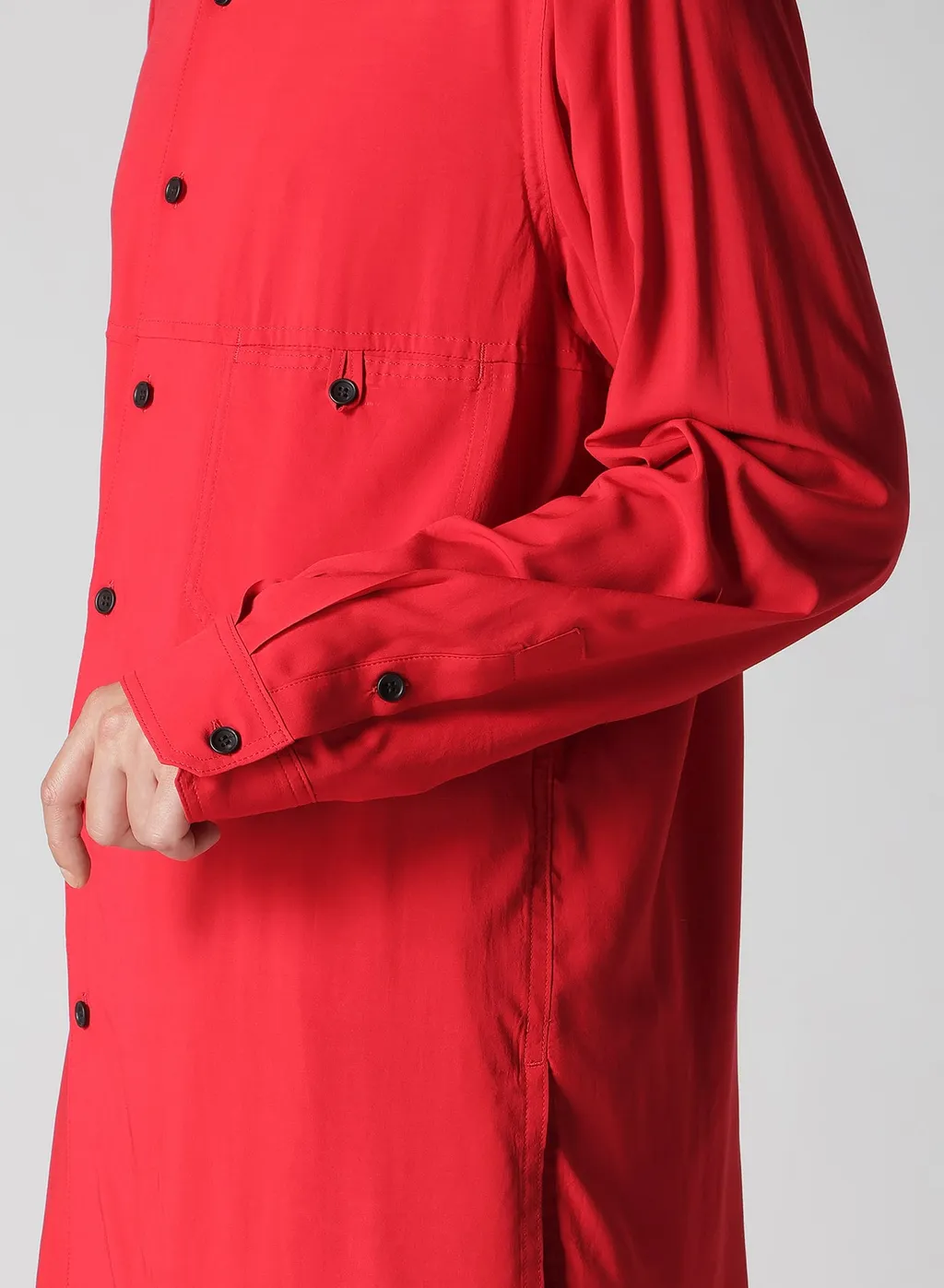 Red Rayon Lawn Chest-Paneled Stand-Collar Blouse