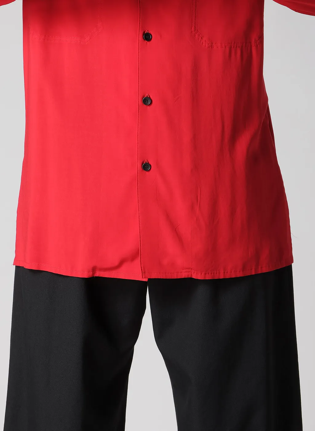 Red Rayon Lawn Chest-Paneled Stand-Collar Blouse