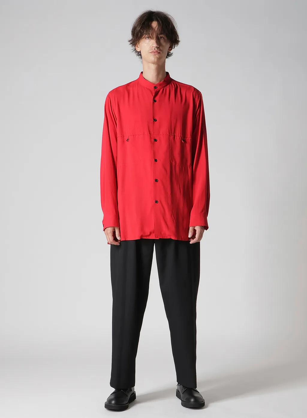 Red Rayon Lawn Chest-Paneled Stand-Collar Blouse
