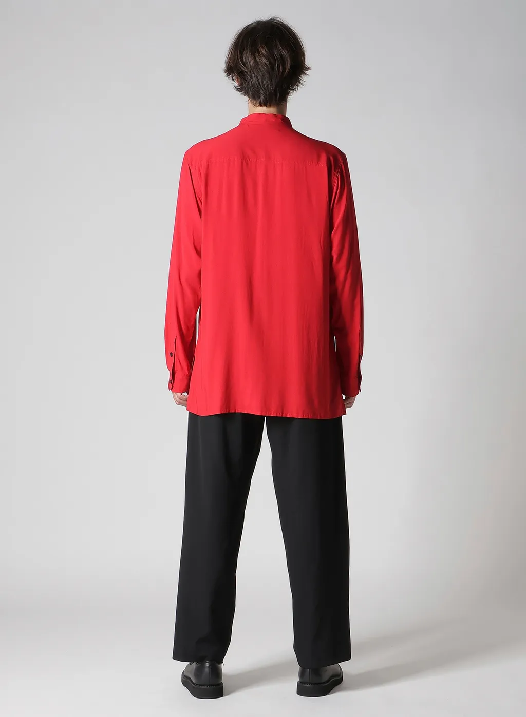 Red Rayon Lawn Chest-Paneled Stand-Collar Blouse